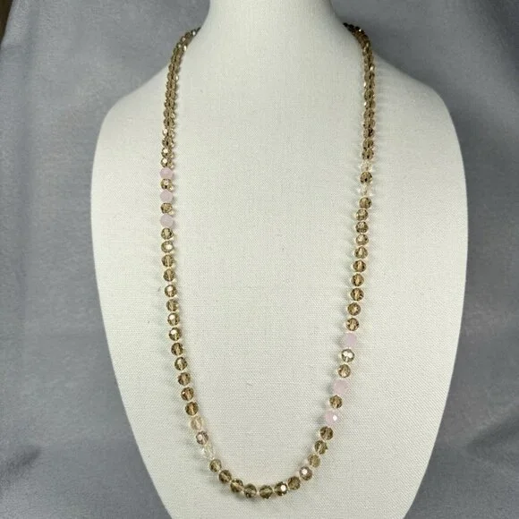 Banana Republic Necklace Smoky Clear Pink Faceted Sparkling Beads Layer Long 36" - Picture 2 of 8